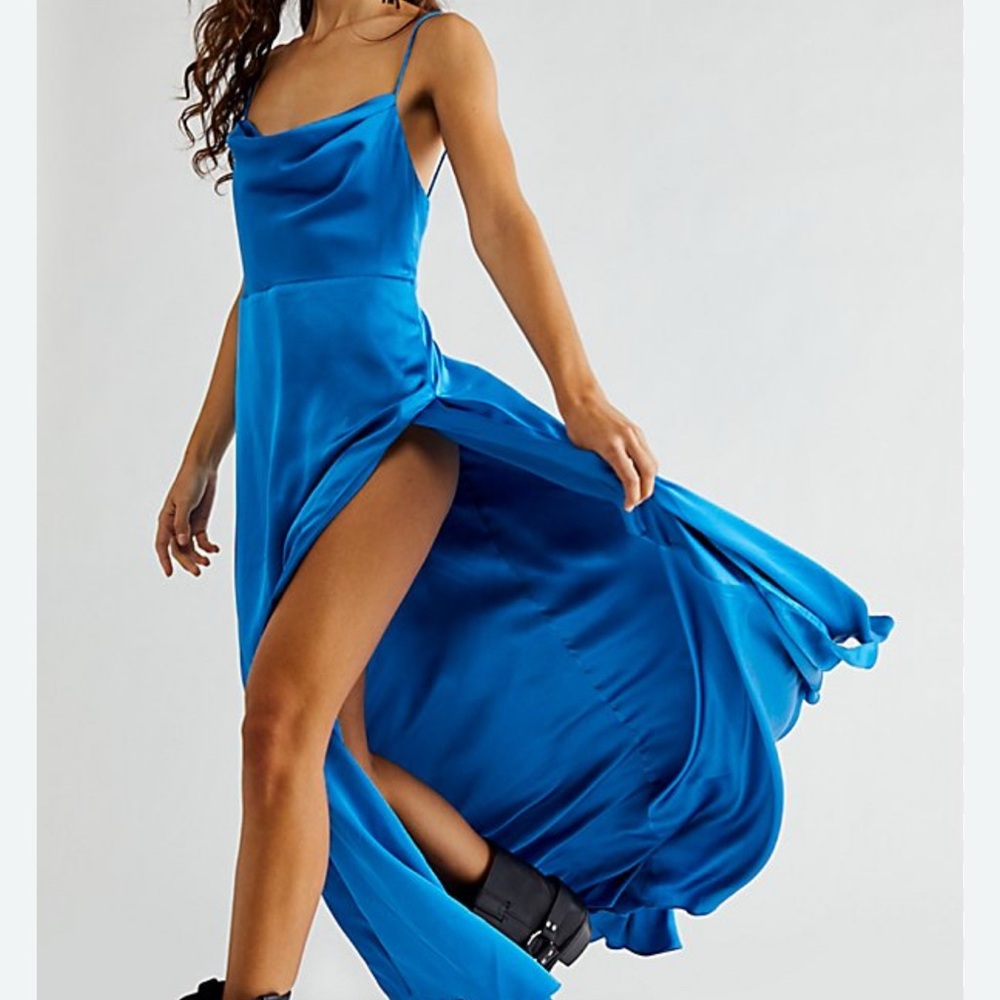 Free People Fame and Partners Satin Maxi Dress with High Slit in Ocean Blue Sz6
